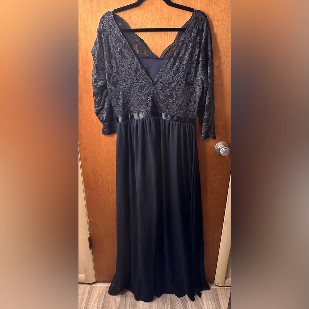 Blue Embellished V-Neck Gown for Wedding Guests